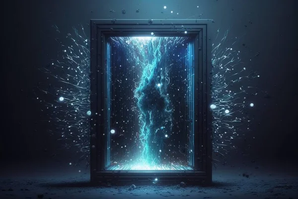 A door with a light coming out of it and fireworks coming out of it in the background unreal 5 a hologram abstract illusionism