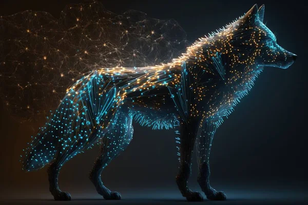 A glowing wolf is standing in the dark with its tail spread out and glowing lights on it highly detailed digital art a 3d render generative art