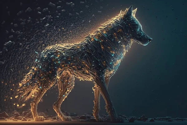 A digital rendering of a dog with glowing lights on it\'s body and head highly detailed digital art computer graphics generative art