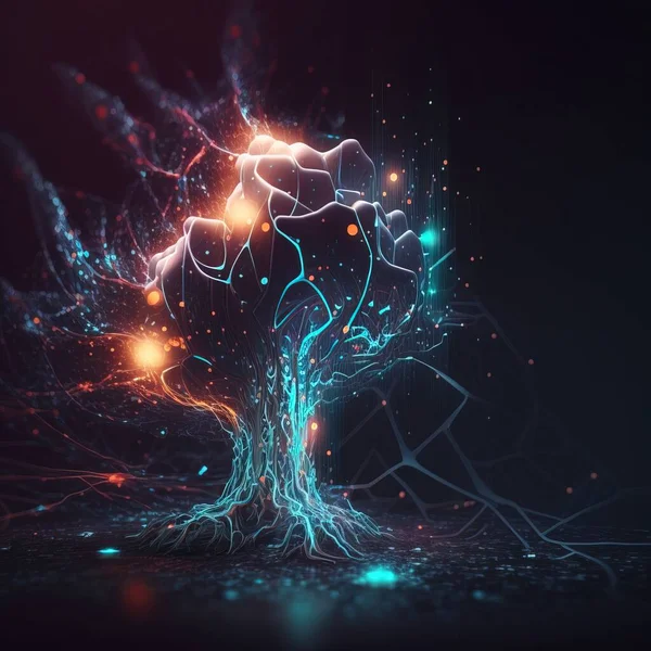 A digital tree with glowing lights and a dark background with a black background and a blue and green tree affinity photo a 3d render naturalism