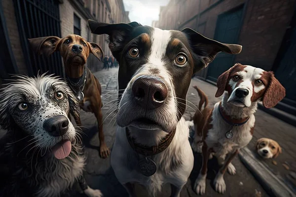 A group of dogs standing on a street next to a building and a dog looking up award - winning photo a photorealistic painting photorealism