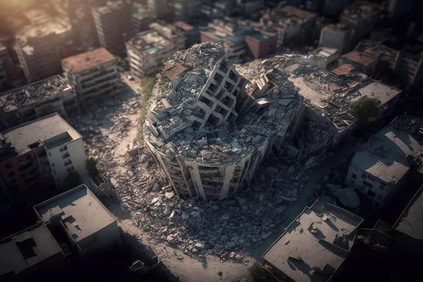 A very large building that is surrounded by rubble and buildings in the city of a city dystopian art a tilt shift photo auto-destructive art