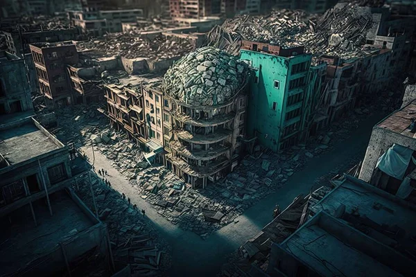 A large building surrounded by rubble in a city with a sky background and a few buildings dystopian art a detailed matte painting auto-destructive art