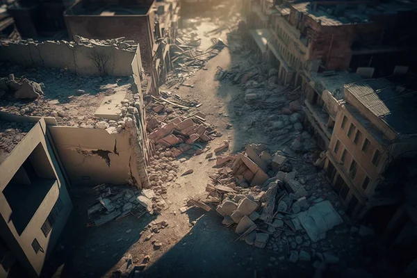 A city street with a bunch of rubble and buildings in the background and a sunbeam anamorphic lens flare a detailed matte painting neoplasticism