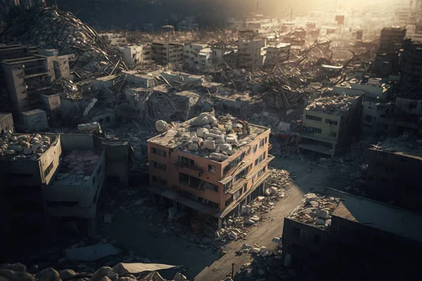A city with a lot of rubble and buildings in the background and a bright sun cinematic matte painting a detailed matte painting neoplasticism
