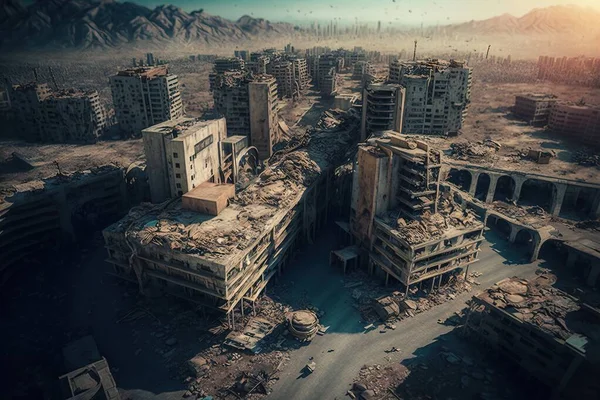A city with a lot of rubble and buildings in the middle of it with mountains in the background post apocalyptic a detailed matte painting brutalism