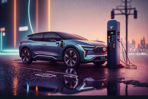 A futuristic car is charging at a gas station at night with a city in the background ue 5 a digital rendering retrofuturism