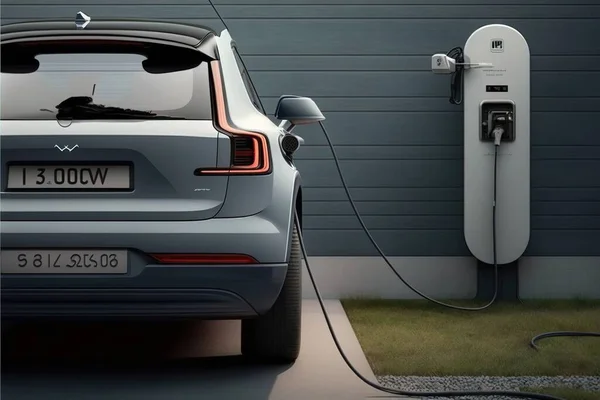 A car plugged into a charger in a garage with a wall behind it ue 5 a computer rendering photorealism