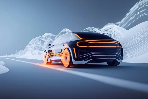 A futuristic car driving on a road with a futuristic background and lines of light coming from the front path tracing a digital rendering panfuturism