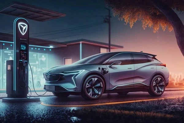 A futuristic car is charging at a gas station at night with a neon light behind it ue 5 a digital rendering photorealism