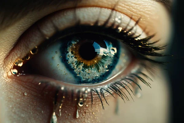 A close up of a person\'s eye with water drops on it and a building in the background realistic eyes a photorealistic painting hyperrealism