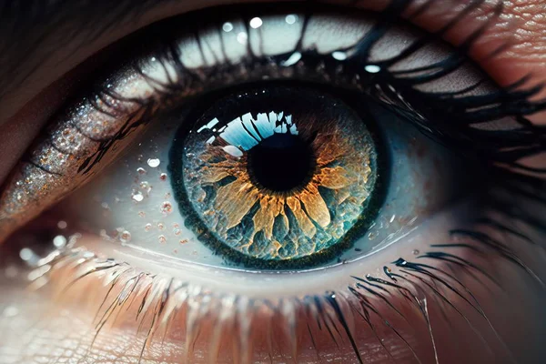 A close up of a person\'s eye with water drops on it\'s iris highly detailed digital painting a photorealistic painting photorealism