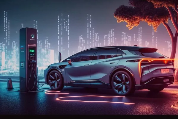 A futuristic car charging at a charging station with a city background in the background and a tree ue 5 a digital rendering panfuturism