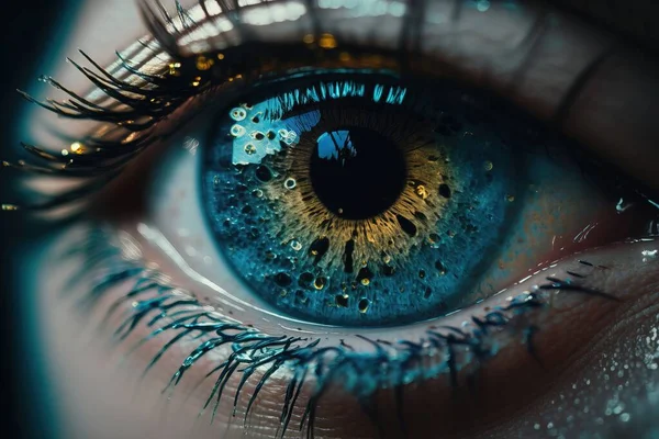 A close up of a blue eye with drops of water on it\'s iris realistic eyes a photorealistic painting photorealism
