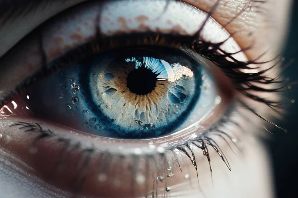 A close up of a blue eye with drops of water on it\'s iris realistic eyes a 3d render photorealism