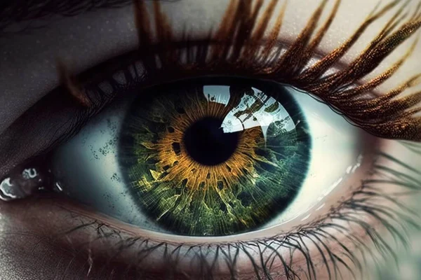 A close up of a person\'s eye with a green iris and yellow iris realistic eyes a photorealistic painting photorealism