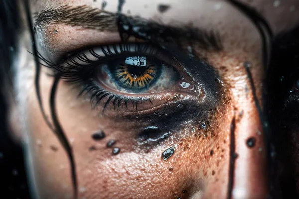 A woman\'s face with water drops on her eyes and a yellow eyeball realistic eyes a photorealistic painting art photography