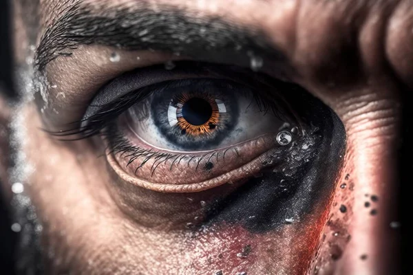 A man's eye with a lot of water on it and a lot of dirt on the outside of his eye highly detailed digital painting a photorealistic painting photorealism