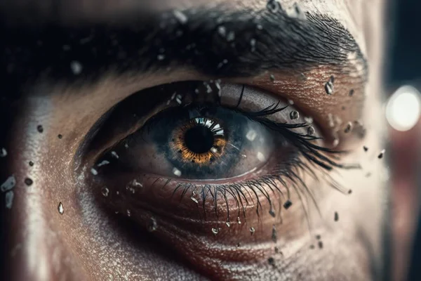 A man's eye with drops of water on it and a black background with a white spot realistic eyes a photorealistic painting photorealism