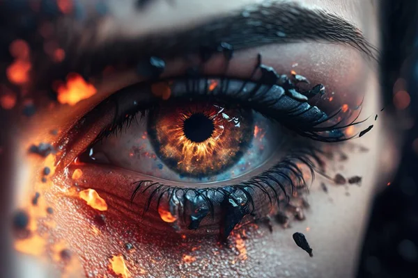 A woman\'s eye with fire and smoke around it with a bright orange eye realistic eyes a 3d render auto-destructive art