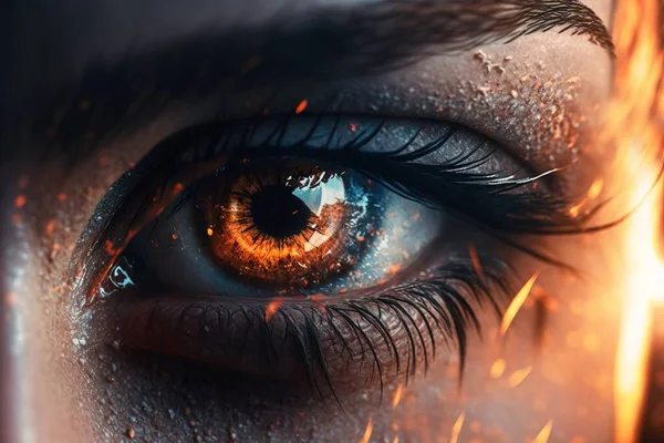 A close up of a person\'s eye with fire in the background and a bright orange eyeball realistic eyes a 3d render fantasy art