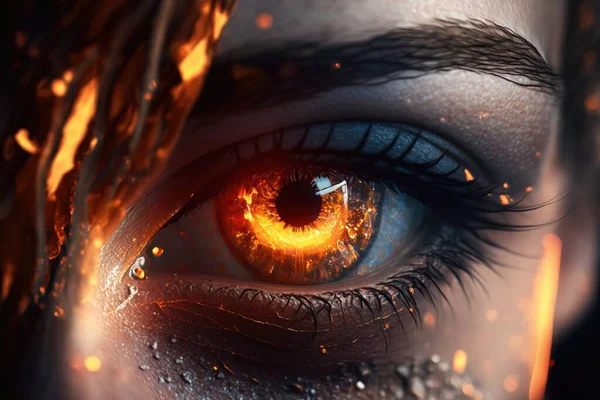 A close up of a woman's eye with a fireball in the background realistic eyes a 3d render fantasy art