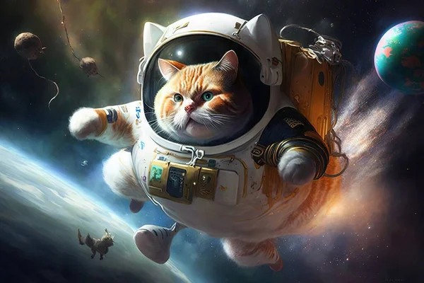 A cat in a space suit floating in space with other cats around it and a planet in the background space a fine art painting space art