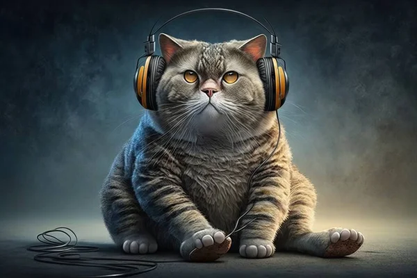 A cat with headphones on sitting down with a mouse in its mouth and a mouse in its mouth ultra realistic digital art a photorealistic painting serial art