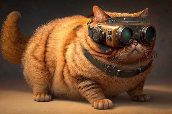 A cat wearing a gas mask and a collar with a muzzle on it\'s head steampunk concept art fantasy art