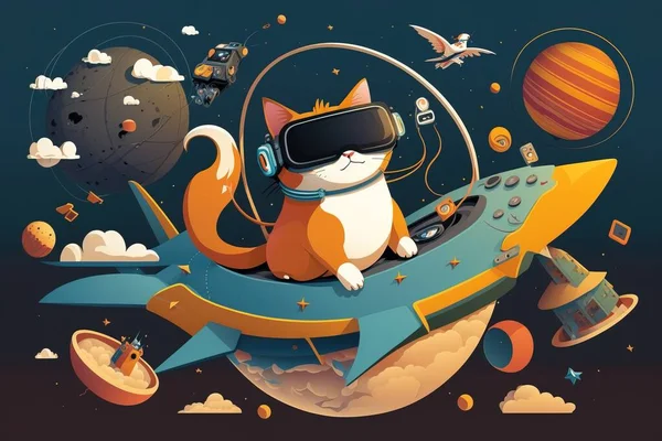 A cat wearing a virtual reality headset while riding a rocket ship in space with planets and stars extreme illustration a storybook illustration space art