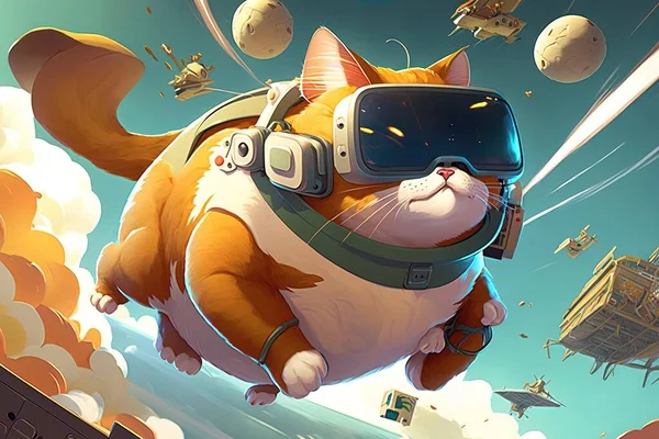 A cat flying through the air with a virtual reality helmet on its head and a space ship in the background 2 d game art concept art space art