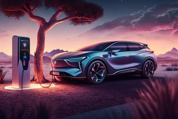 A futuristic car is charging at a gas station at night with a tree and mountains in the background ue 5 a digital rendering panfuturism