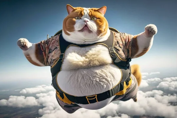 A cat in a backpack is flying through the air with his paws in the air sky a stock photo superflat