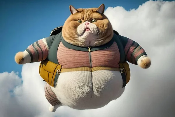 A fat cat is flying through the air with a backpack on his back and a backpack on his back ghibli a pastel furry art