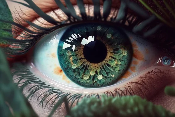 A close up of a green eye with long eyelashes and a green plant in the background highly detailed digital painting a photorealistic painting psychedelic art