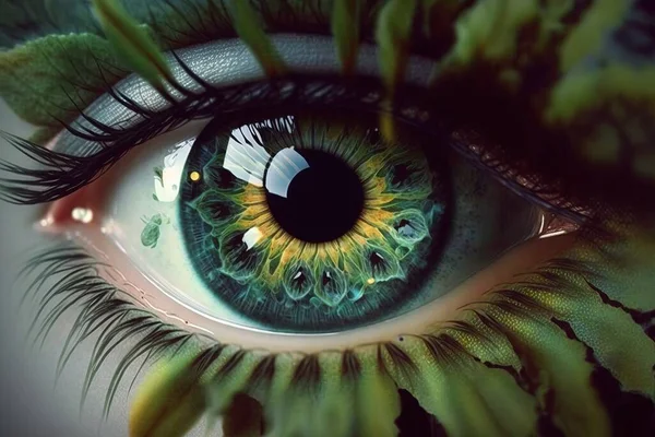 A close up of a green eye with leaves on it\'s irise and a black circle around the iris realistic eyes a photorealistic painting psychedelic art