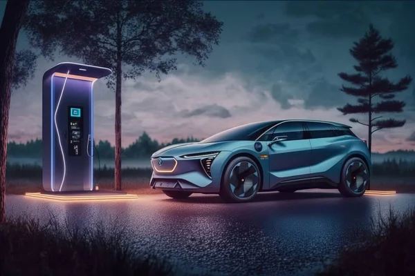 A futuristic car is parked in front of a gas pump at night time with a sky background ue 5 a digital rendering panfuturism