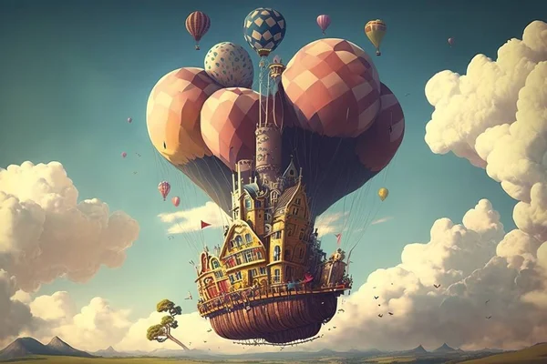 A painting of a house on a floating island with balloons floating over it in the sky whimsical a storybook illustration pop surrealism