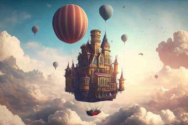 A castle floating in the sky with hot air balloons floating around it and a boat floating in the water below high fantasy a detailed matte painting fantasy art