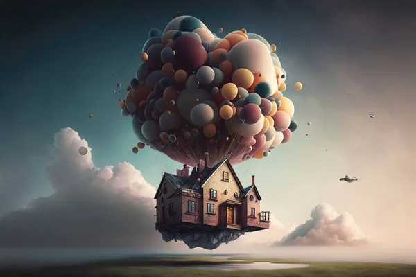 A house floating in the air with balloons floating around it and a plane flying above surreal photography a storybook illustration pop surrealism