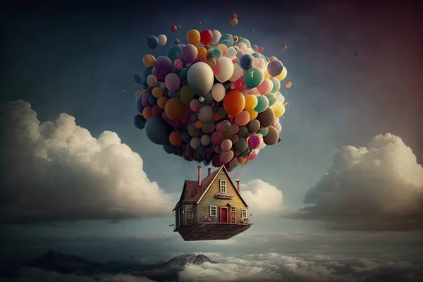 A house floating in the air with balloons floating around it\'s head and a house on the roof surreal photography a storybook illustration pop surrealism