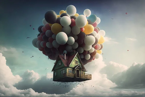 A house floating in the air with balloons floating around it\'s head and a house on top of it surreal photography a detailed matte painting pop surrealism