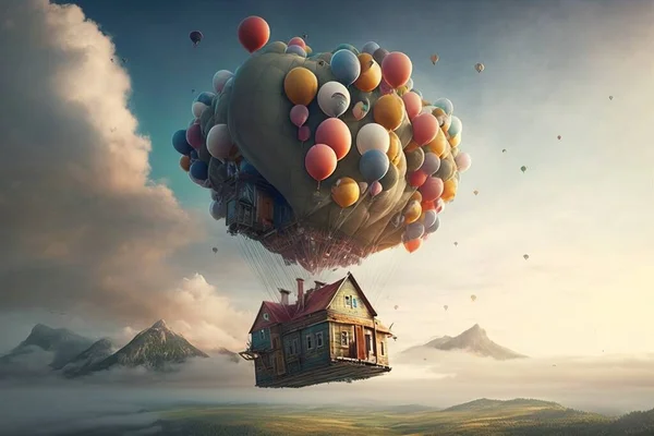 A house floating in the air with balloons floating around it and a house on the ground surreal photography a detailed matte painting pop surrealism