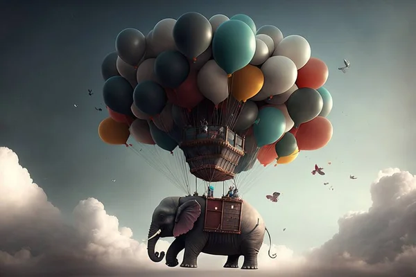 A large elephant with a bunch of balloons on its back flying in the sky with a sky background whimsical a detailed matte painting pop surrealism