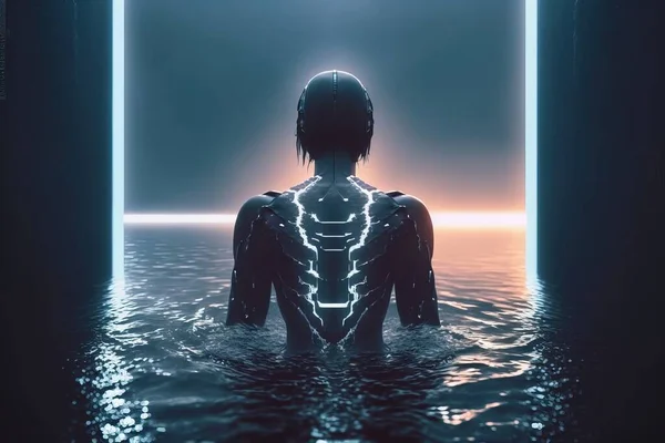 A person standing in the water with a neon light in their back and a neon light in their back cinema 4 d cyberpunk art computer art