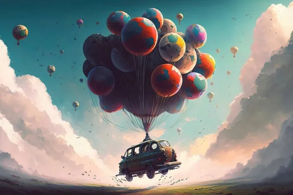 A van is flying in the air with balloons floating above it and a bunch of balloons floating above it highly detailed digital painting an ultrafine detailed painting fantasy art