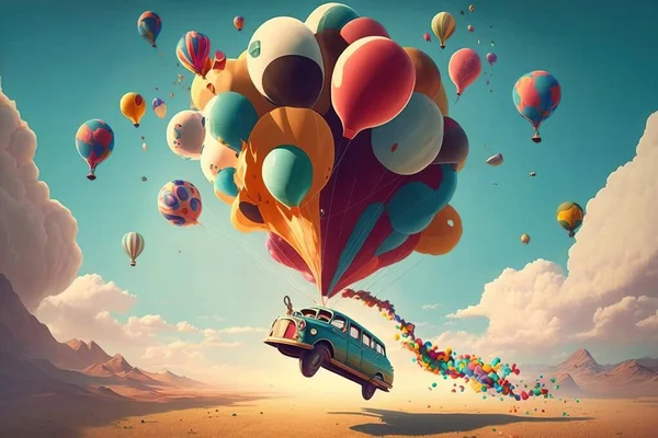 A car flying through the air with balloons floating above it in the sky above a mountain range highly detailed digital painting an airbrush painting pop surrealism