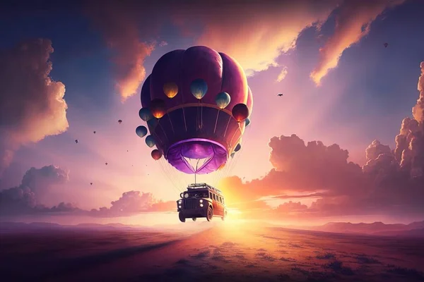 A large balloon flying over a truck in the sky at sunset with clouds in the background cinematic matte painting a matte painting magical realism