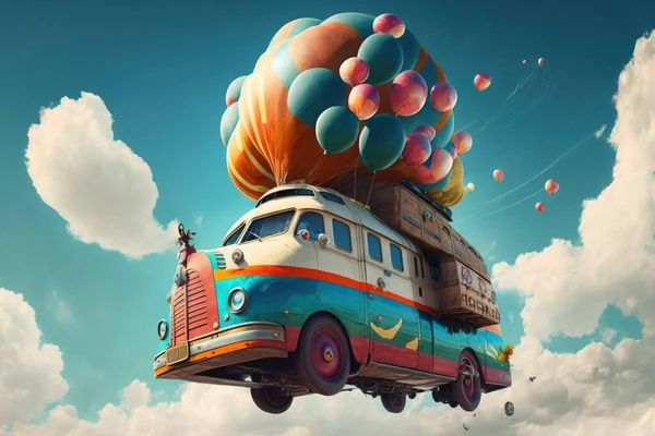 A bus with balloons on top of it flying through the air in the sky with clouds highly detailed digital painting a detailed matte painting magical realism