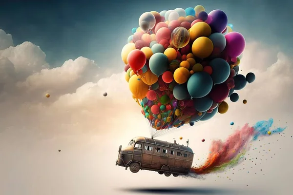 A van is flying in the air with balloons floating above it and a bus is in the air surreal photography an airbrush painting pop surrealism